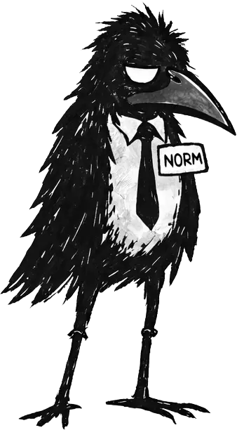 Norm, the crow, at the foot of the page, looking thoroughly disgusted with this entire website.