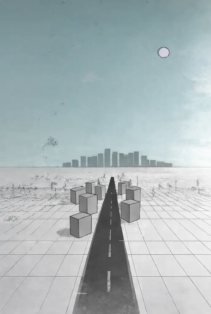 Line City in the game: a dark road running to the horizon across a tiled plain, wireframe cube buildings alongside it, a pencil skyline and a pale sun under a teal sky.